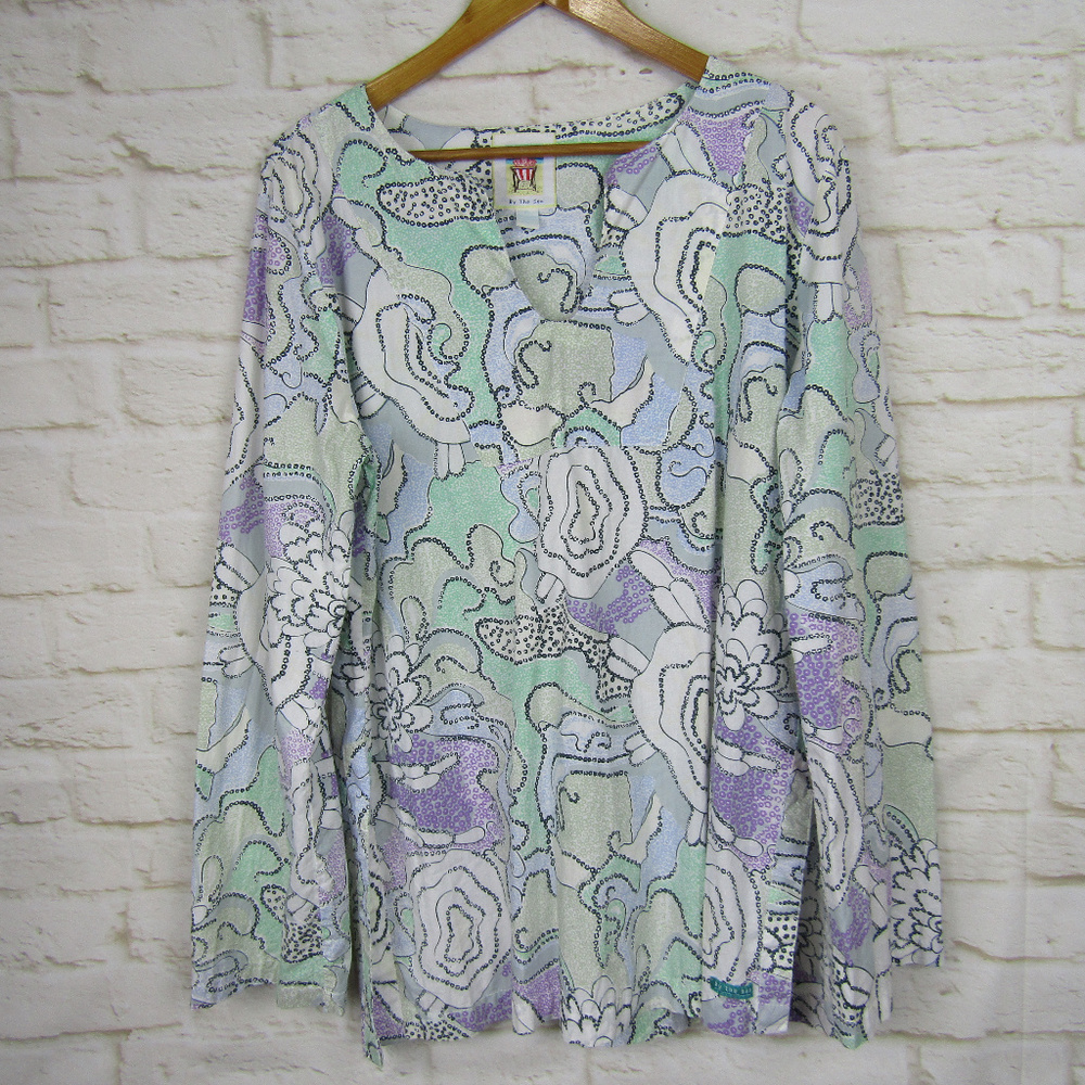 By The Sea Long Sleeve Multi-Color Print Tunic XL